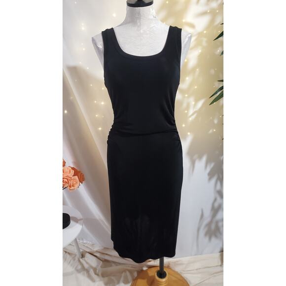 Boston Proper Slinky Stretch Knit Scoop Ruched Midi Travel Dress Size XS Black - Picture 1 of 9